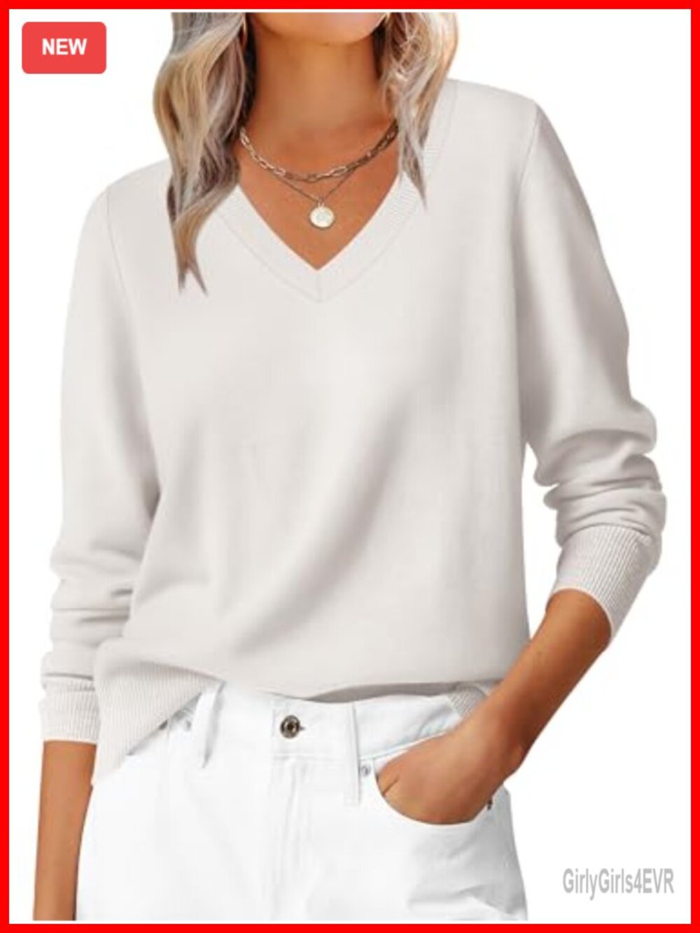 Women's Lightweight V Neck Long Sleeve Pullover Sweater Knit Top